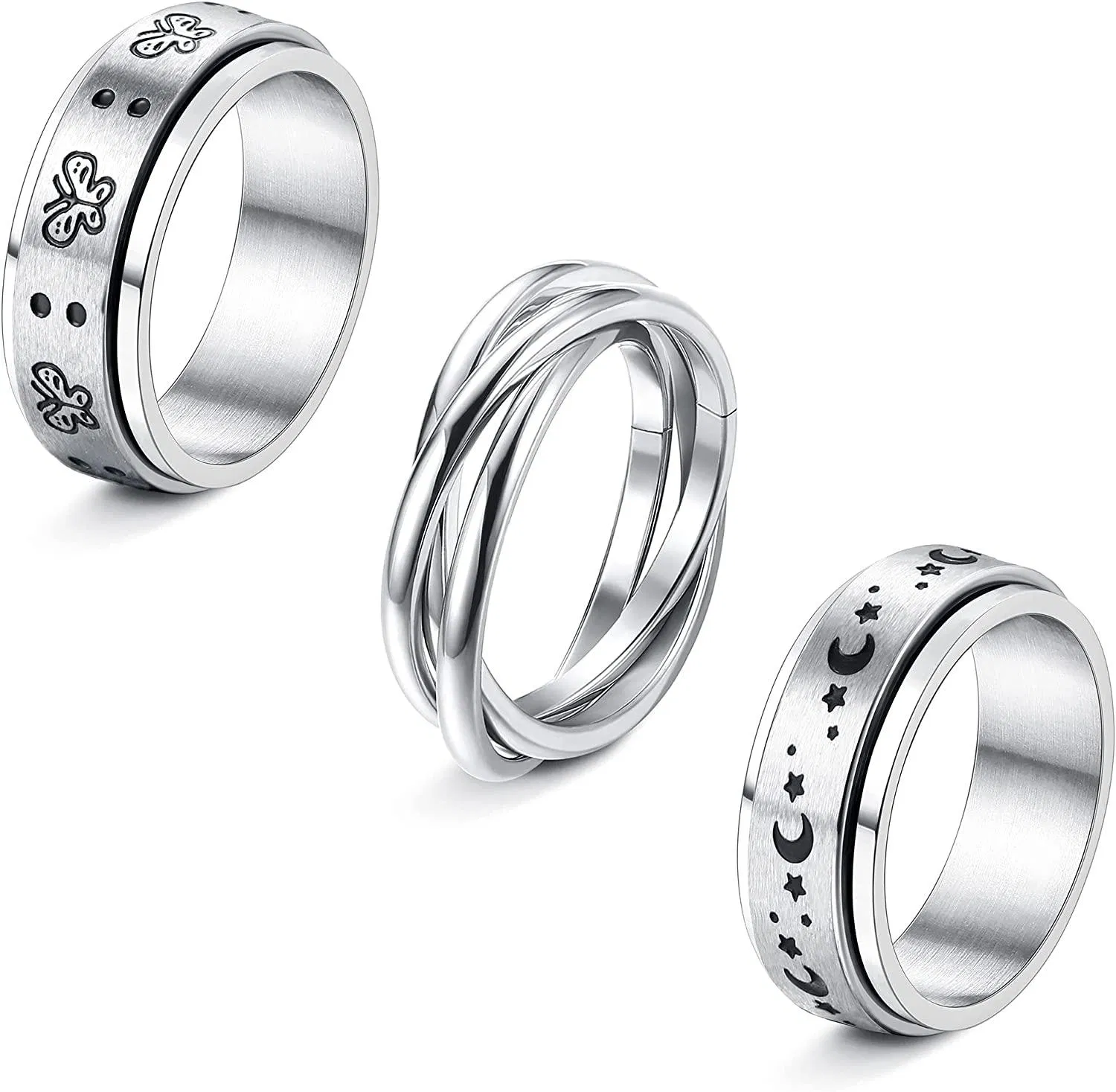 3Pcs Spinner Ring Angst Ring für Frauen Männer Edelstahl Triple Rolling Ring Fidget Ringe für Angst Versprechen Hochzeitsringe Stress Linderung Ringe Set Größe 7