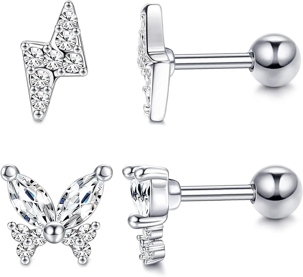 2Paars 16G Chirurgische Knorpel-Staple - Ohrringe für Frauen Mond-Stern Schmetterling Blitz-Staple - Ohrringe-Set CZ Kletter-Ohrringe Helix Barbell Piercing Schmuck