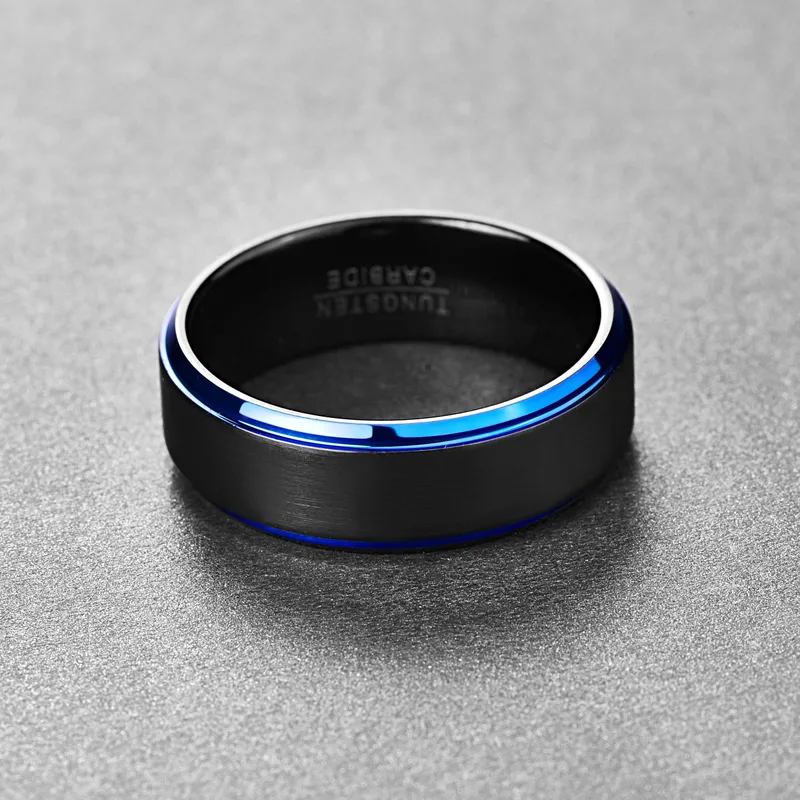 Frosted Blue Step Edge Plated Black Men 's Tungsten Steel Ring