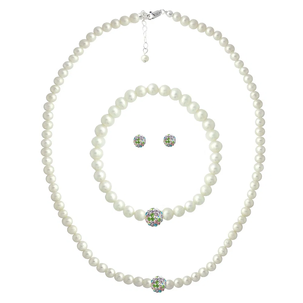 925Silver Frischwasser-Kultiviert Weiße Perle & Multi-Kristall - Fireball-Halsband, Armband & Ohrringe-Set