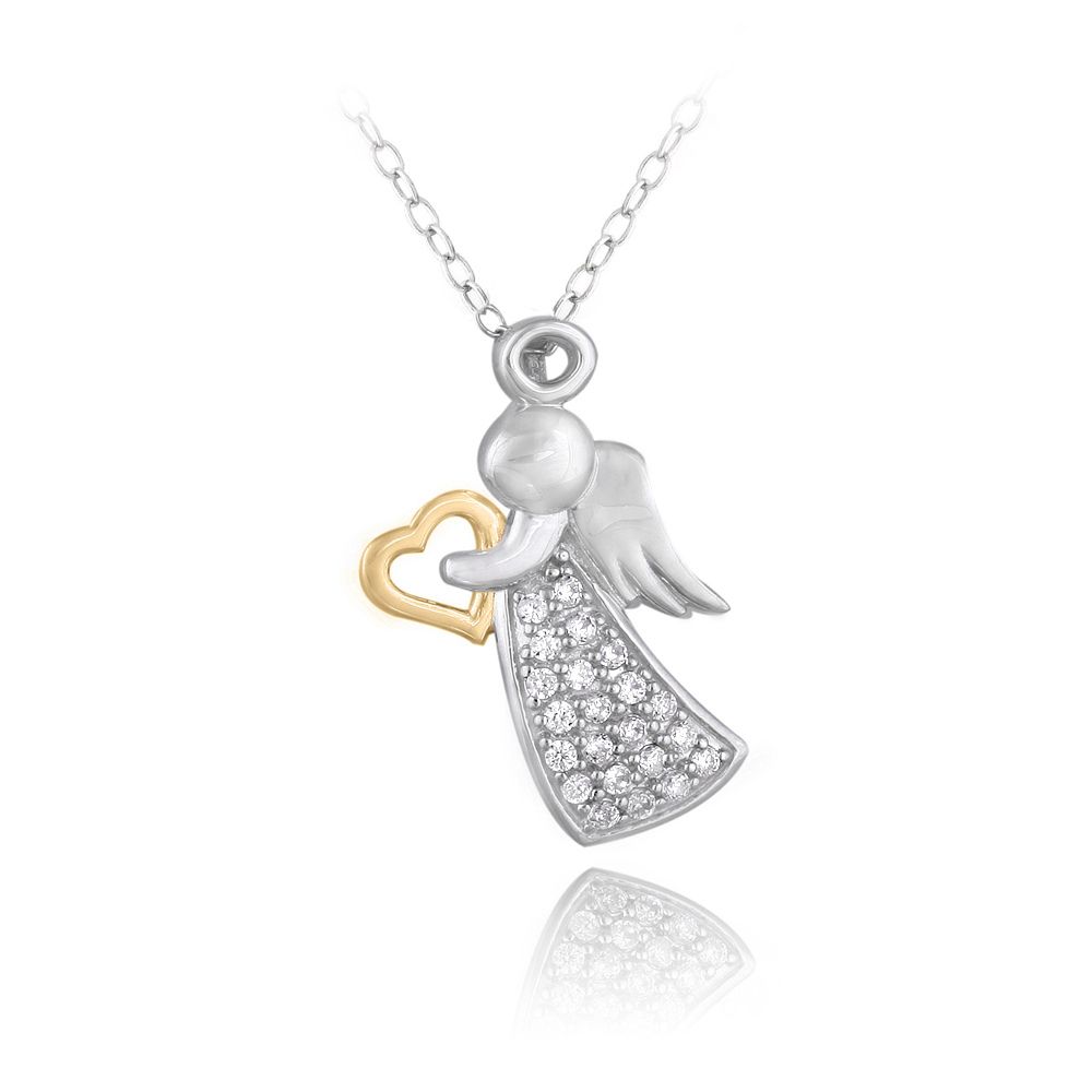 Sterling Silber Zwei Tone CZ Angel & Herz Halskette
