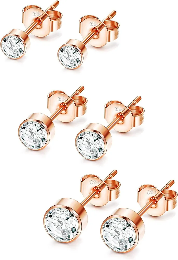 3 Paare 925 Sterling Cubic Zirkonia Stud Ohrringe Set für Frauen Mädchen kleine runden Schnitt CZ Ohrringe Schlaf Basic Stud Ohrringe Hypoallergen Gold / 3 - 5MM