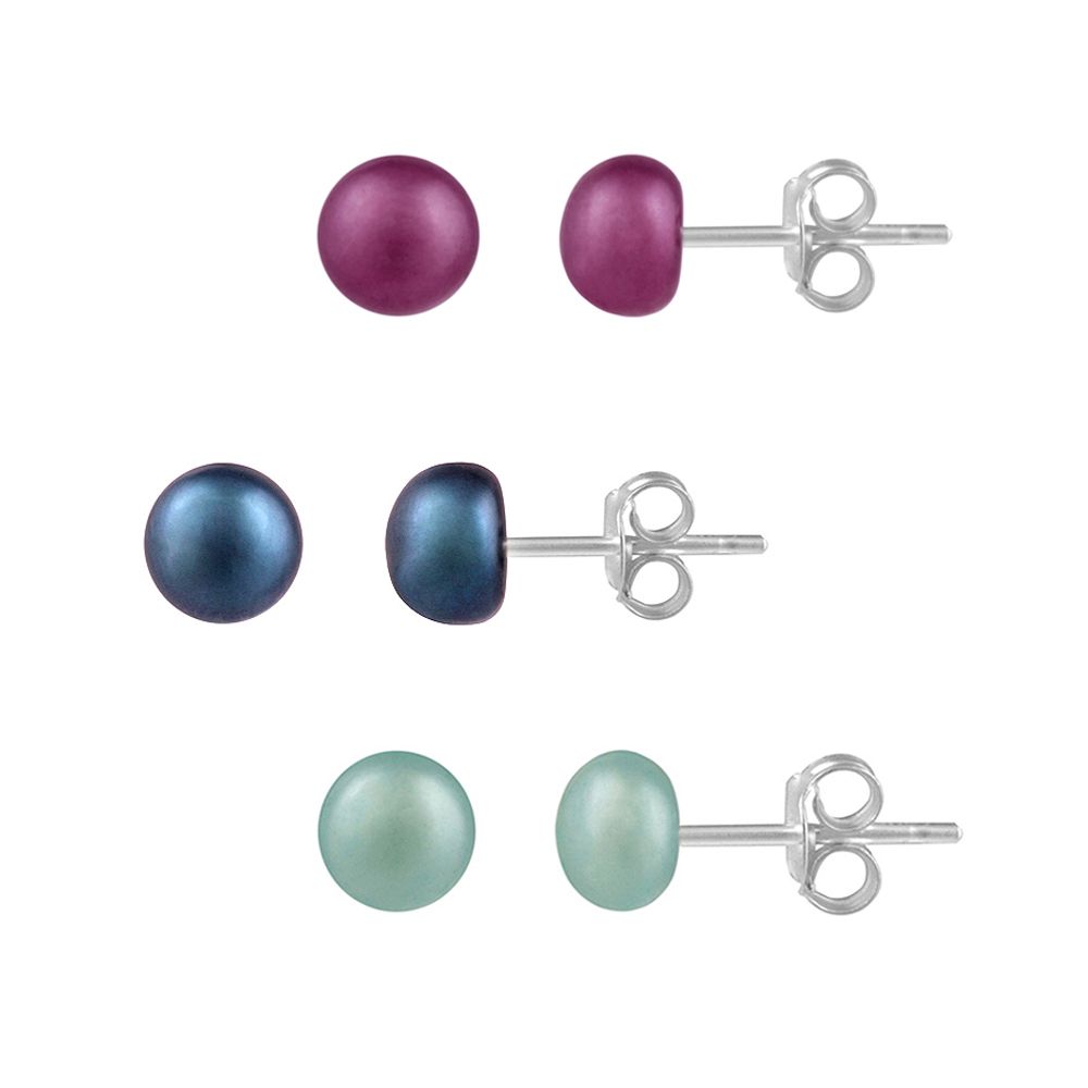Sterling Silber 5 - 5,5 mm Fuchsia, Teal, Nachtblau Frischwasser-Kultivierte Perlen-Stuck - Ohrringe, Satz von 3