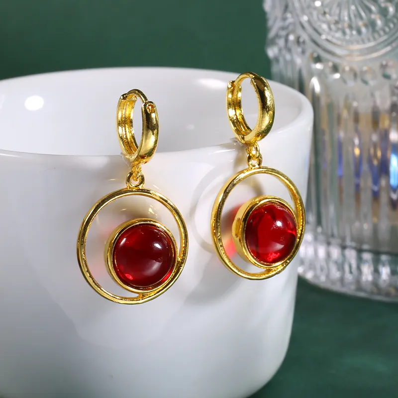Luxus Rote Kristalle Statement Damen Drop Ohrring 14K Gold Plated Schmuck 1Pair