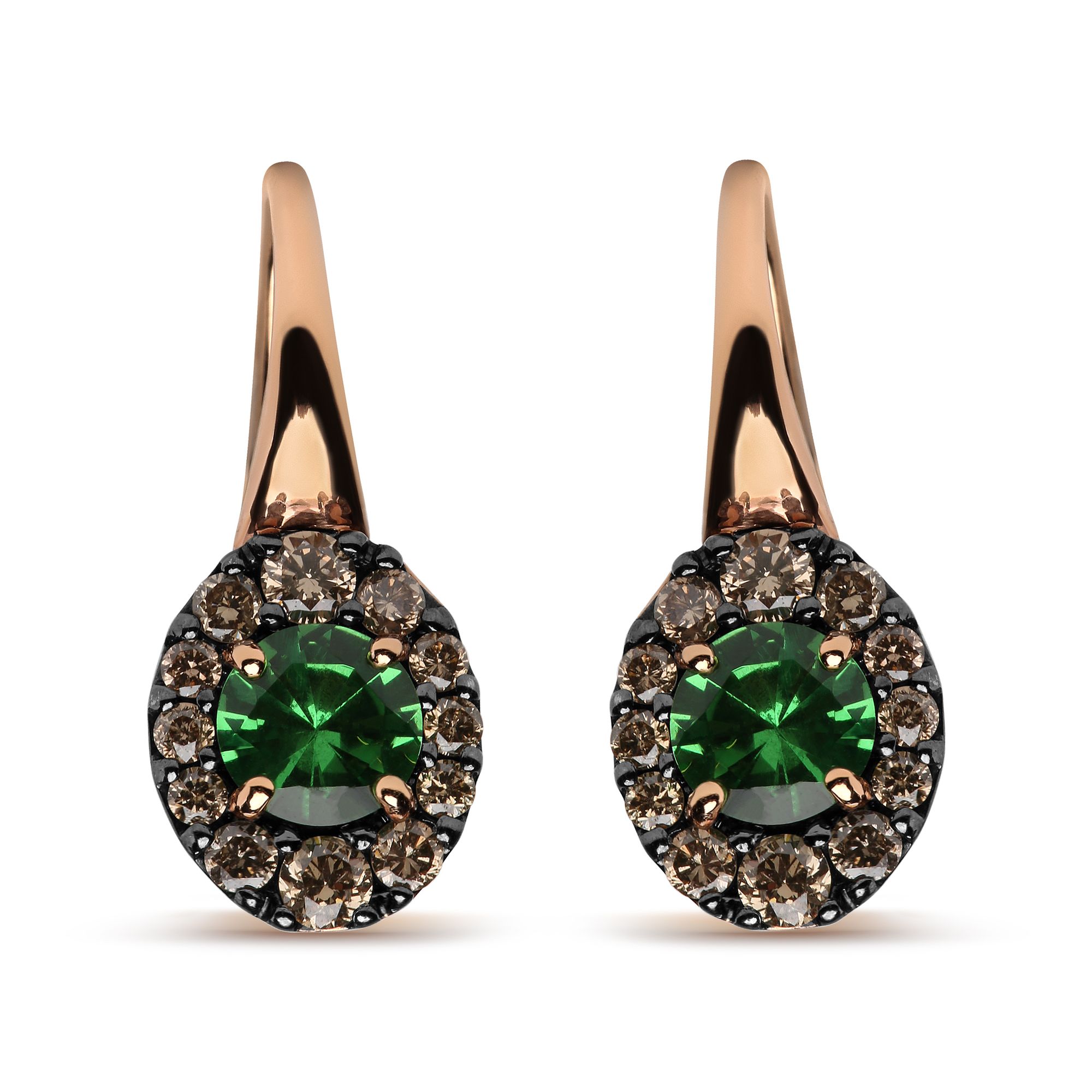 18 Karat Rose und Weißgold 3 / 8 Cttw Runde Braune Diamanten und Runde Grün Tsavorit Edelstein Halo Drop Hoop Ohrringe (Braune Farbe, SI1 - SI2 Klarheit)