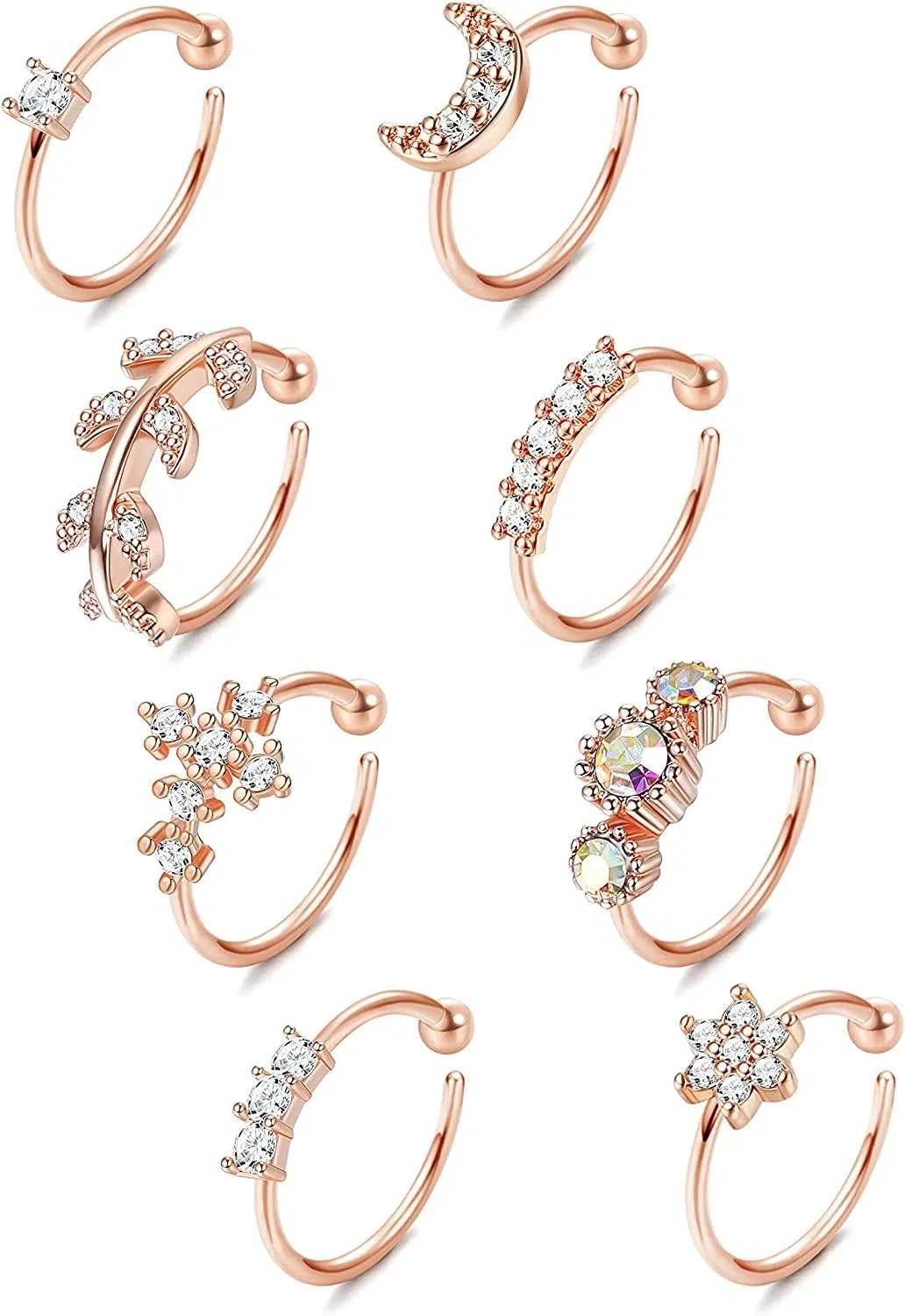 8pcs Falsche Nase Ring Schleife Edelstahl Faux Nasen Ringe gepflastert CZ Clip auf Nasenring Nicht durchdringende Nasenmanschette Falsche Nasen Schleife für Frauen