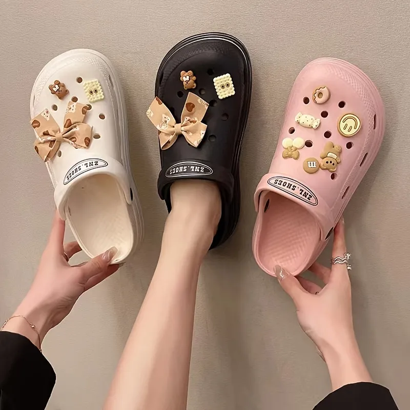 Frauen leichte süße Clogs; Bogen Krawatte Dekor atmungsaktive Hohl aus geschlossenen Zehen Hausschuhe; Frauen runden Zehen Rutschen; Frauen Crocs