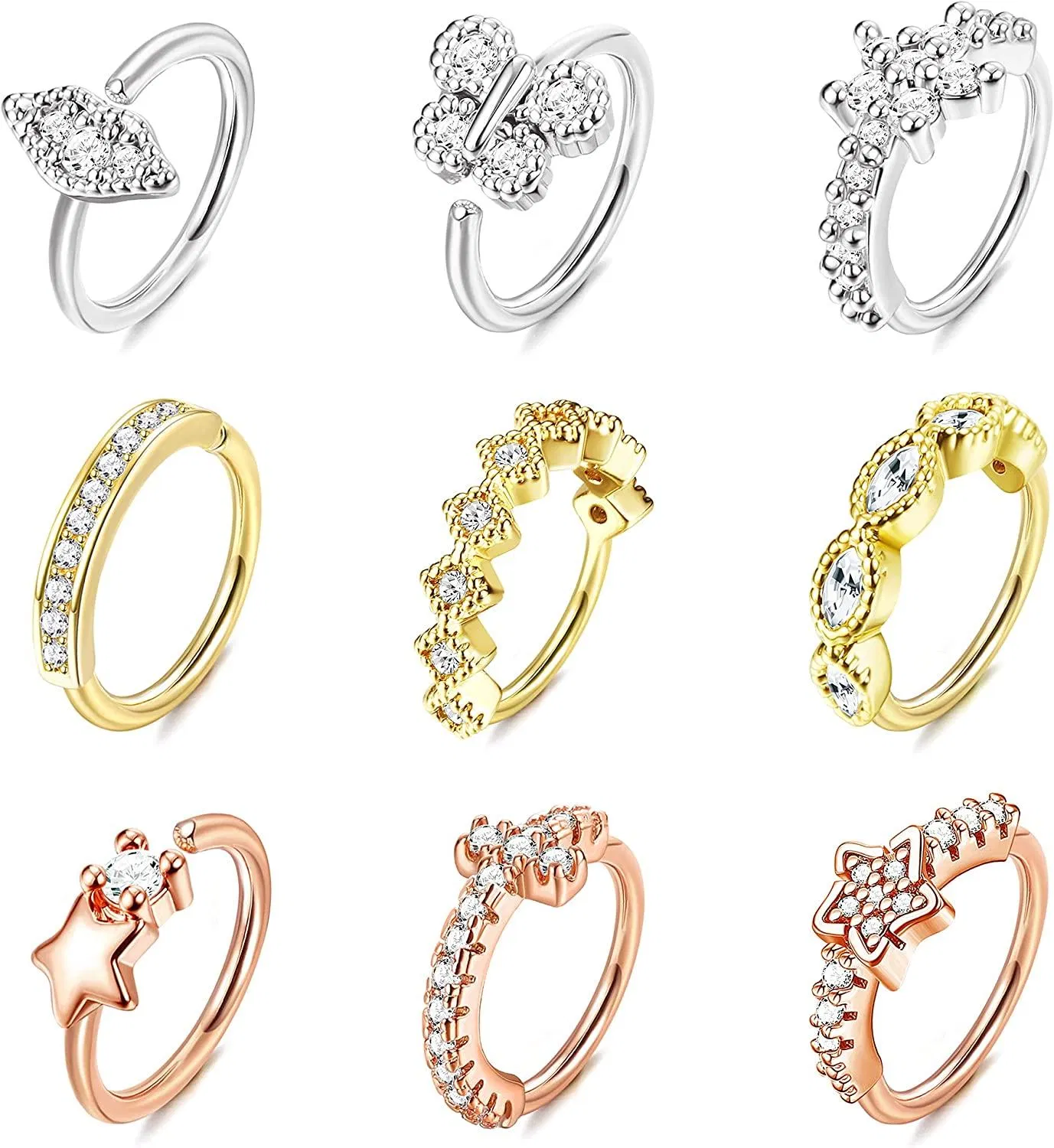 Nasenringe für Frauen Männer 20G Nasenring-Schleife gepflastert CZ Schmetterlingsblume Stern Nasen Piercing Silber Rose Gold Schwarz plattiert Nasenring Set