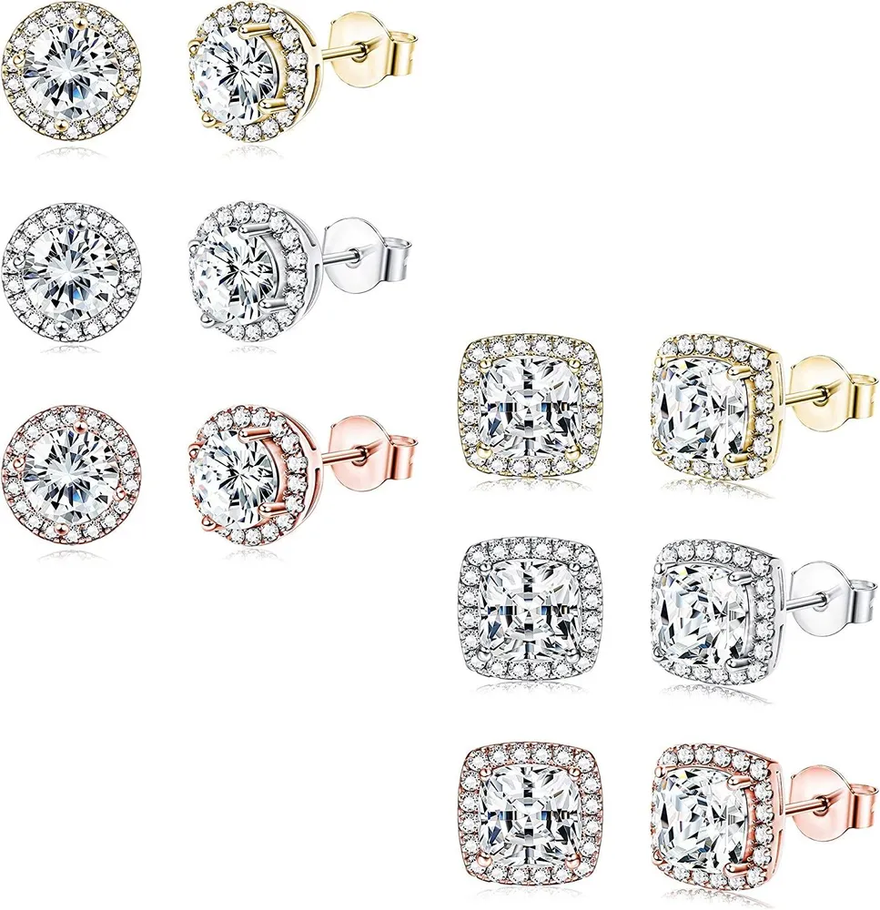 6 Paare Halo Stud Ohrringe für Frauen 18K Weißgold / Rose Gold Plated Round Square Cubic Zirkonia Brillant Cut Ohrringe