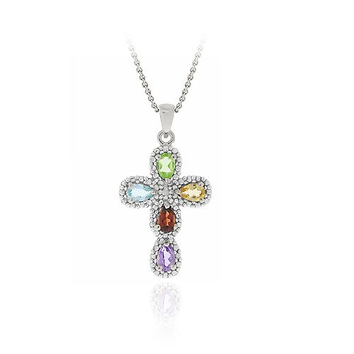 Sterling Silber Multi Edelstein & Diamant Akzent Kreuz Anhänger