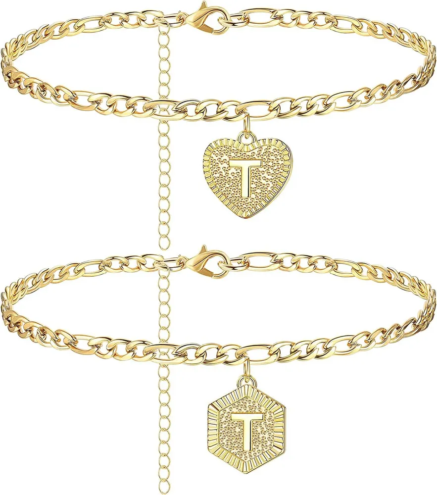 Anfängliche Knöchel-Armbänder für Frauen; 14 - Karat-Gold - Plated Figaro-Kettenbrief Alphabet-Schicht - Ankleck-Armbänder für Teenager-Mädchen Sommer-Beach - Fuß-Schmuck
