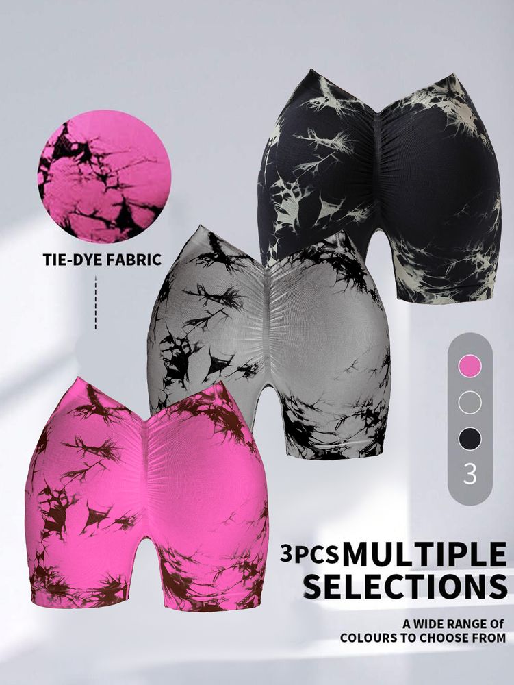 3 PACK Tie Dye Active Wear Shorts, Frauen Workout Shorts, High Waisted Contour Gym Yoga Biker Shorts, V Back Booty Biker Workout Gym Laufshorts