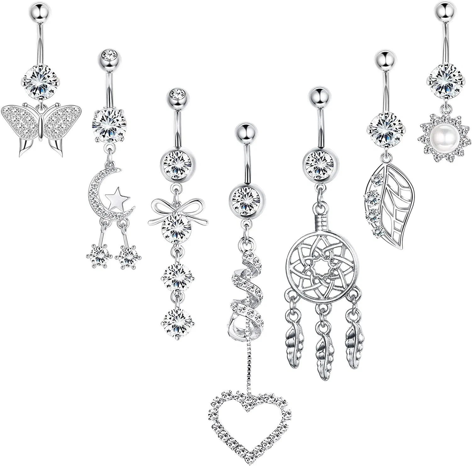 7pcs 14G Bauchknopfringe Dangle für Frauen Chirurgische Nabelringe Barbell CZ Eingezogen Mond Stern Schmetterling Körper Piercing Schmuck
