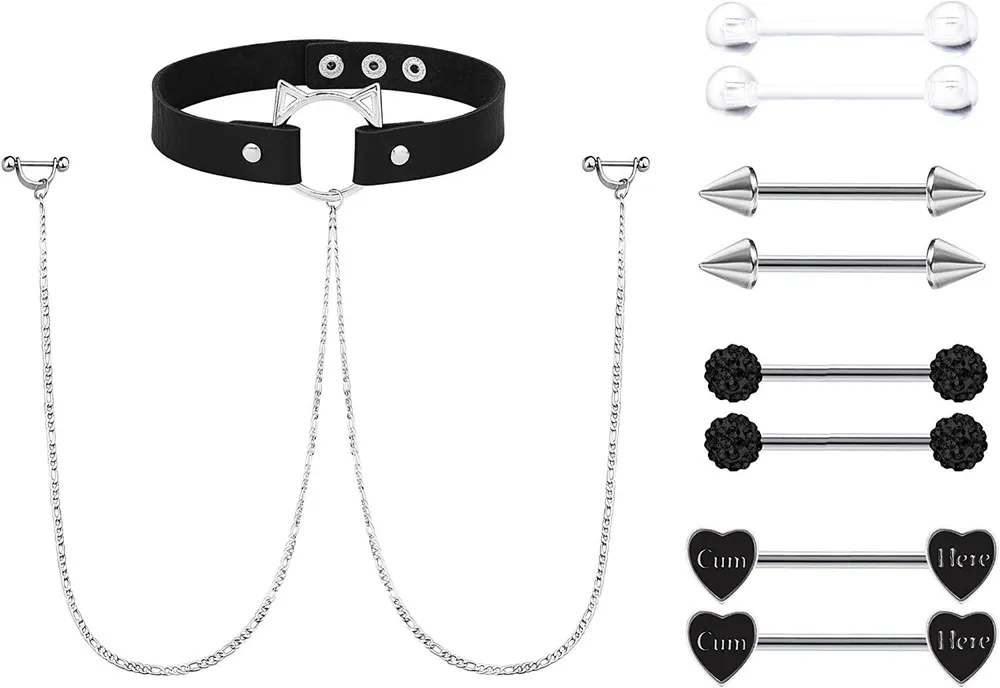 5Paars 14G Edelstick Nipple Ring mit Choker Halskette Nipple Ringe Austauschbar Gerade Barbell Nipple Piercing für Frauen Männer 16mm