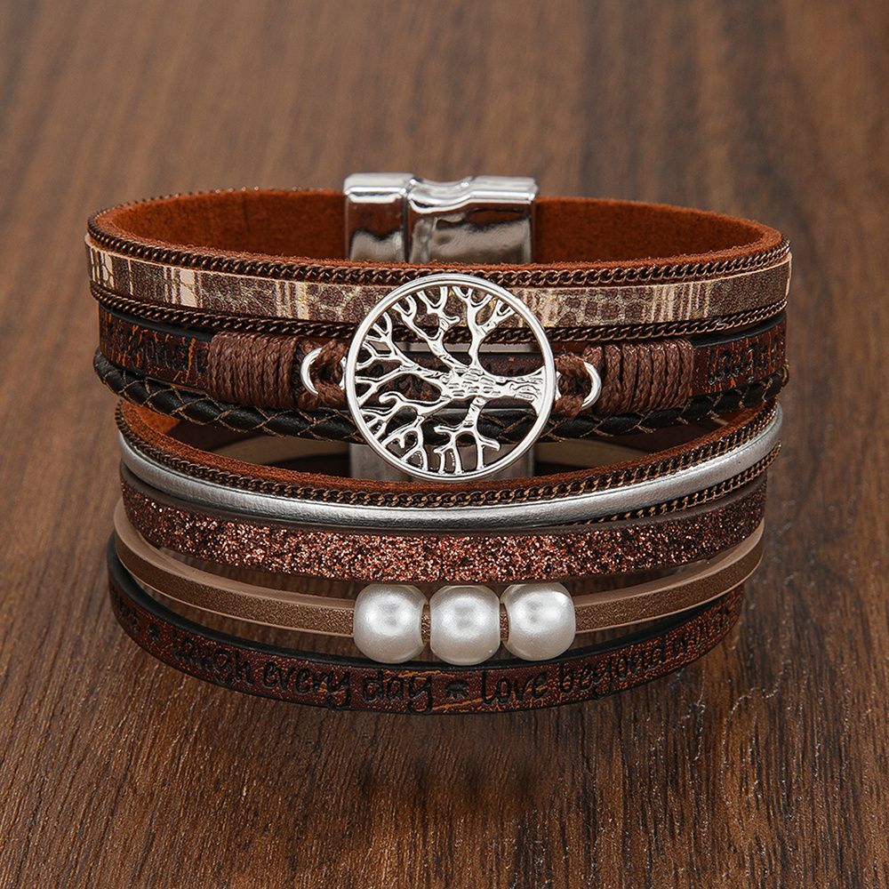 Hollow Tree Of Life Letters Perle Frauen Leder Armband