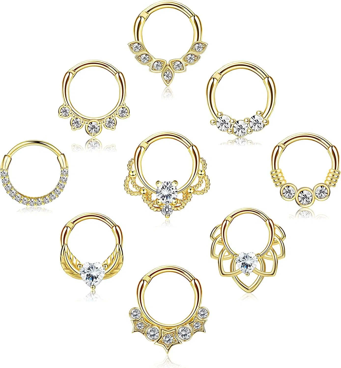 9Pcs Septum Ring 316L Edelstein-Zirkonschleifen Scharnier-Segment Nasenringe für Männer Frauen CZ Knorpel Tragus Helix Daith Ohrringe Nasen Piercing 10 MM