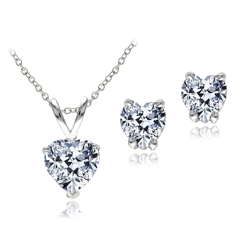 Sterling Silber Herz CZ Solitaire Anhänger & Stud Ohrringe Set
