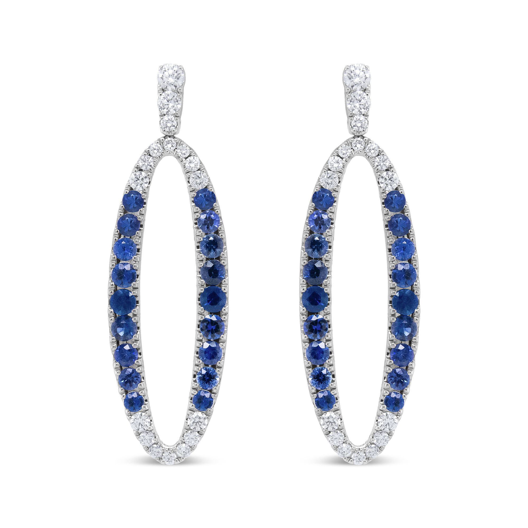 18 Karat Weißgold 1,11 Cttw Blauer Runder Diamant und Blauer Saphir Openwork Oval Shape Dangle Ohrringe (F-G - Farbe, VS1 - VS2 Klarheit)