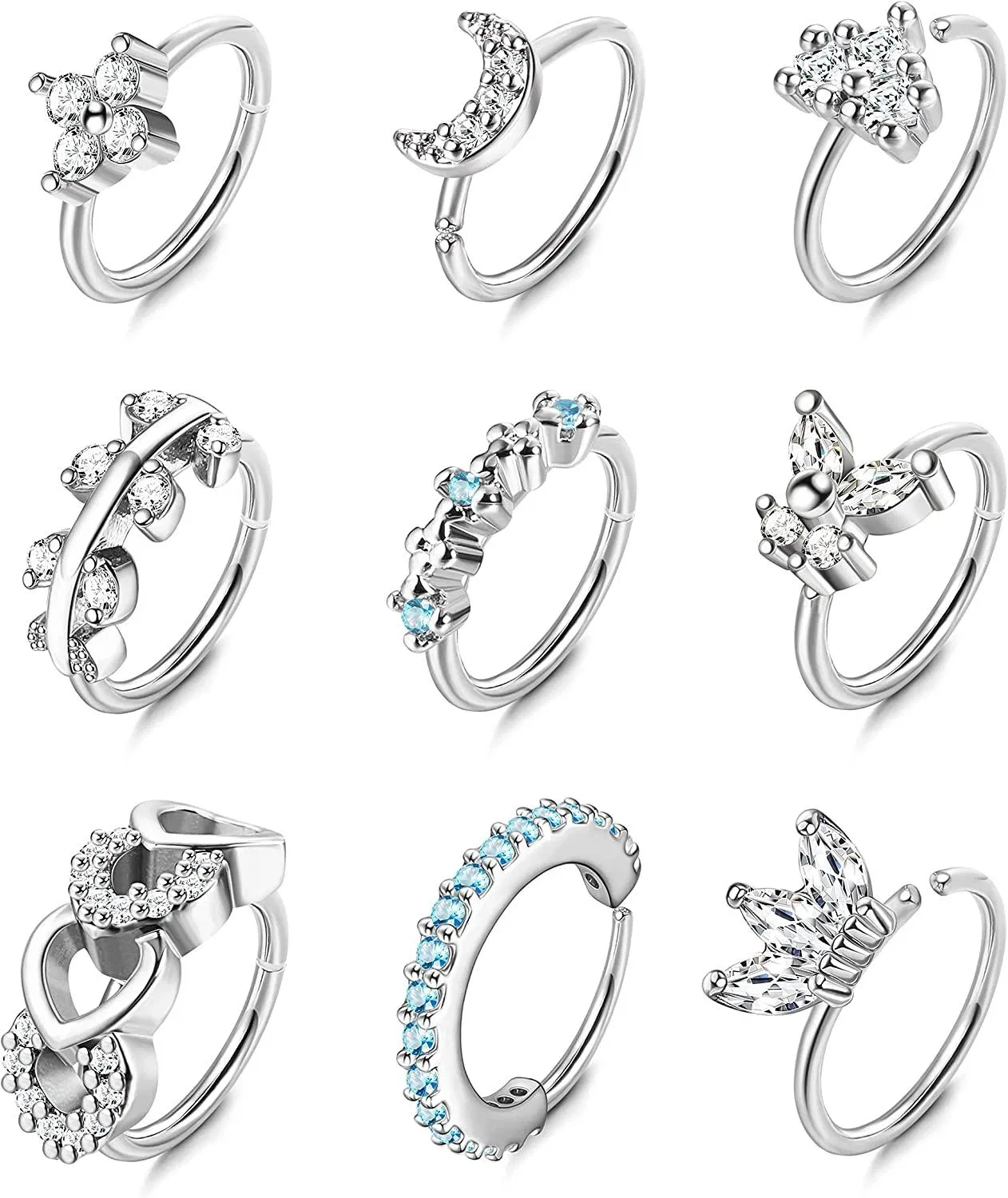 9pcs 20G Nasenringe Schleifen Edelstahl Schmetterling Mondschleife Nasenringe gepflastert CZ Blatt Knorpel Ohrringe Nasenring Piercing für Frauen Männer