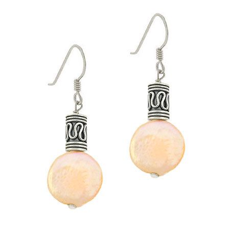Echtes Frischwasser-Kultiviert Pink Münze Perle Sterling Silber .925 Bali Perlen Round Dangle Hook Ohrringe