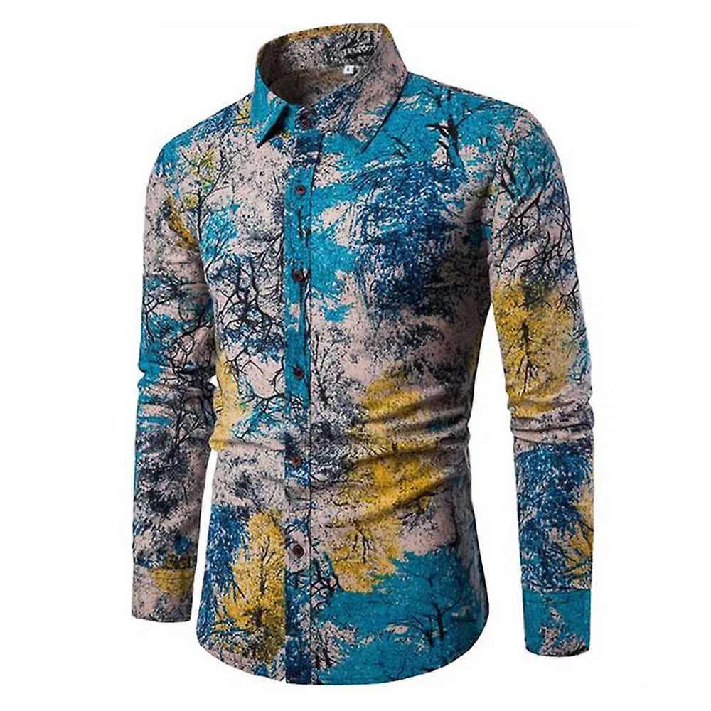 Men 's Flax Long Sleeve Shirt Folk-Custom Floral Shirt