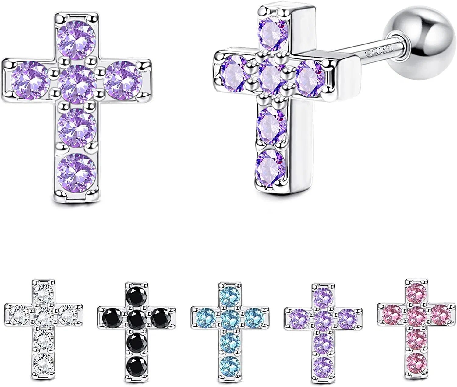 925 Sterling Silber Cubic Zirkonia kleine Kreuz-Stuft - Ohrringe mit Schraubenrückschloss für Kleinkinder Mädchen - hypoallergene winzige süße Stud-Ohrringe Christian für Frauen
