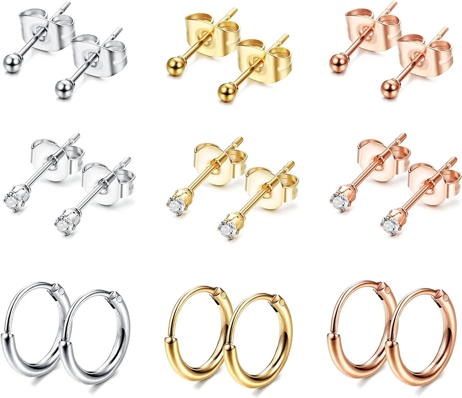 Edelstahl 2mm winzige Stud Ohrringe für Frauen Mens Endless Hoops CZ Balls Knorpel Ohrringe Set 20G