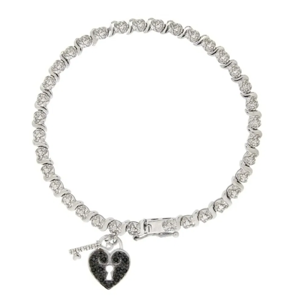 Sterling Silber 1 / 10ct Schwarz Diamant Herz & Schlüssel Tennis Armband