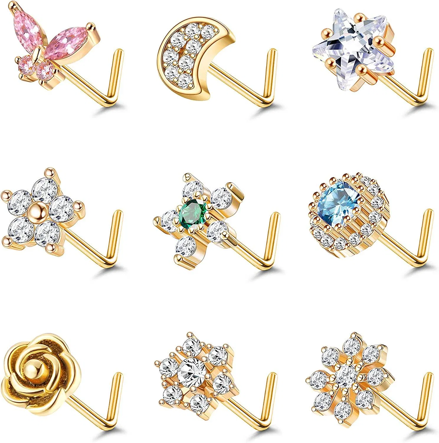 9pcs 20G Edelstahl Nasenringe Stud L-Form Mond Stern Schmetterlingsblumen Schneeflocken CZ Nasen Körper Piercing Ring für Frauen Männer