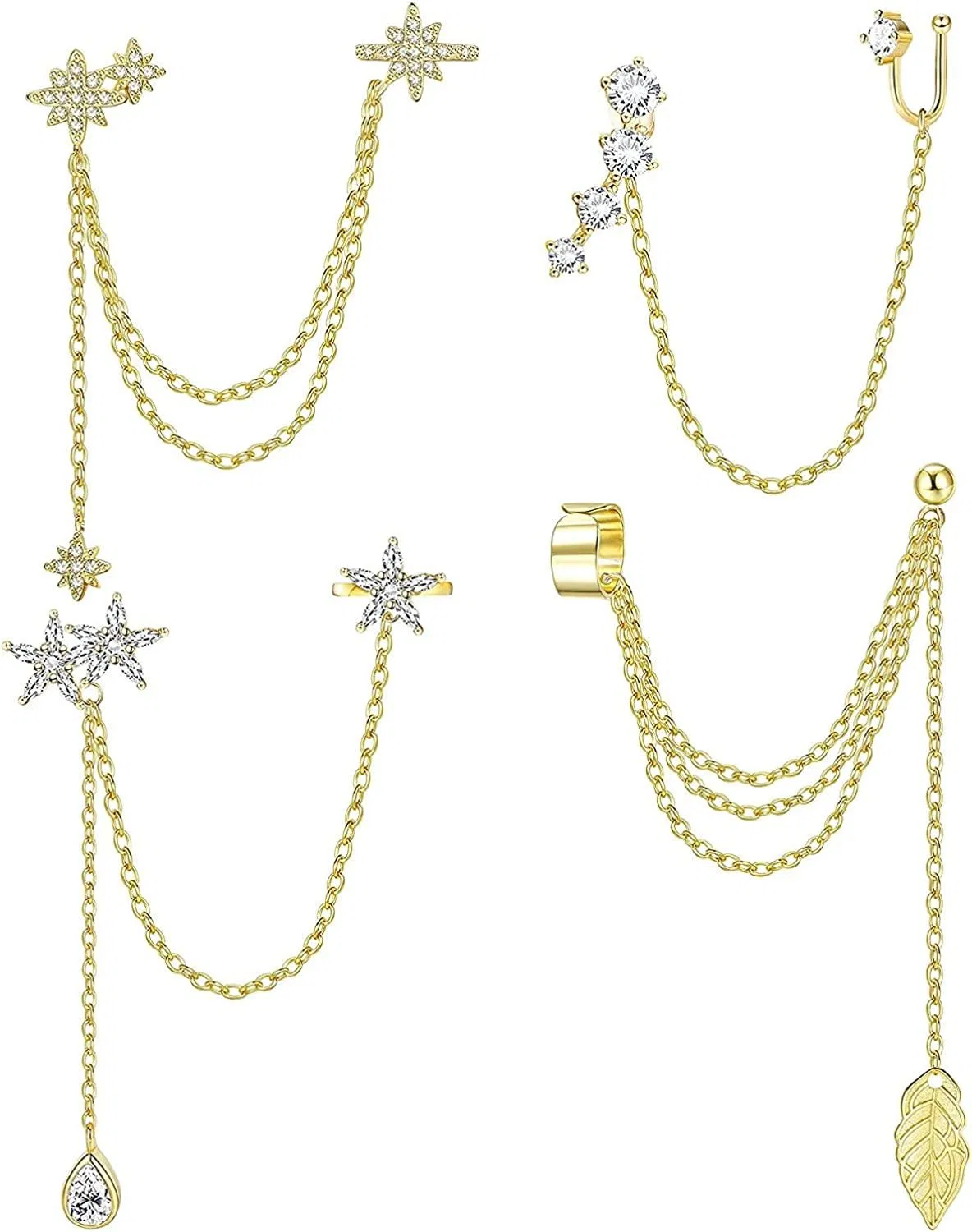 4PCS Ohr Manschetten Ohrringe Kette Ohrringe für Frauen Blatt Ohrringe Schmetterlings Ohrringe Wrap Clip auf Ohrring Star Crawler Hanging Tassel Chain Ohrringe für Mädchen
