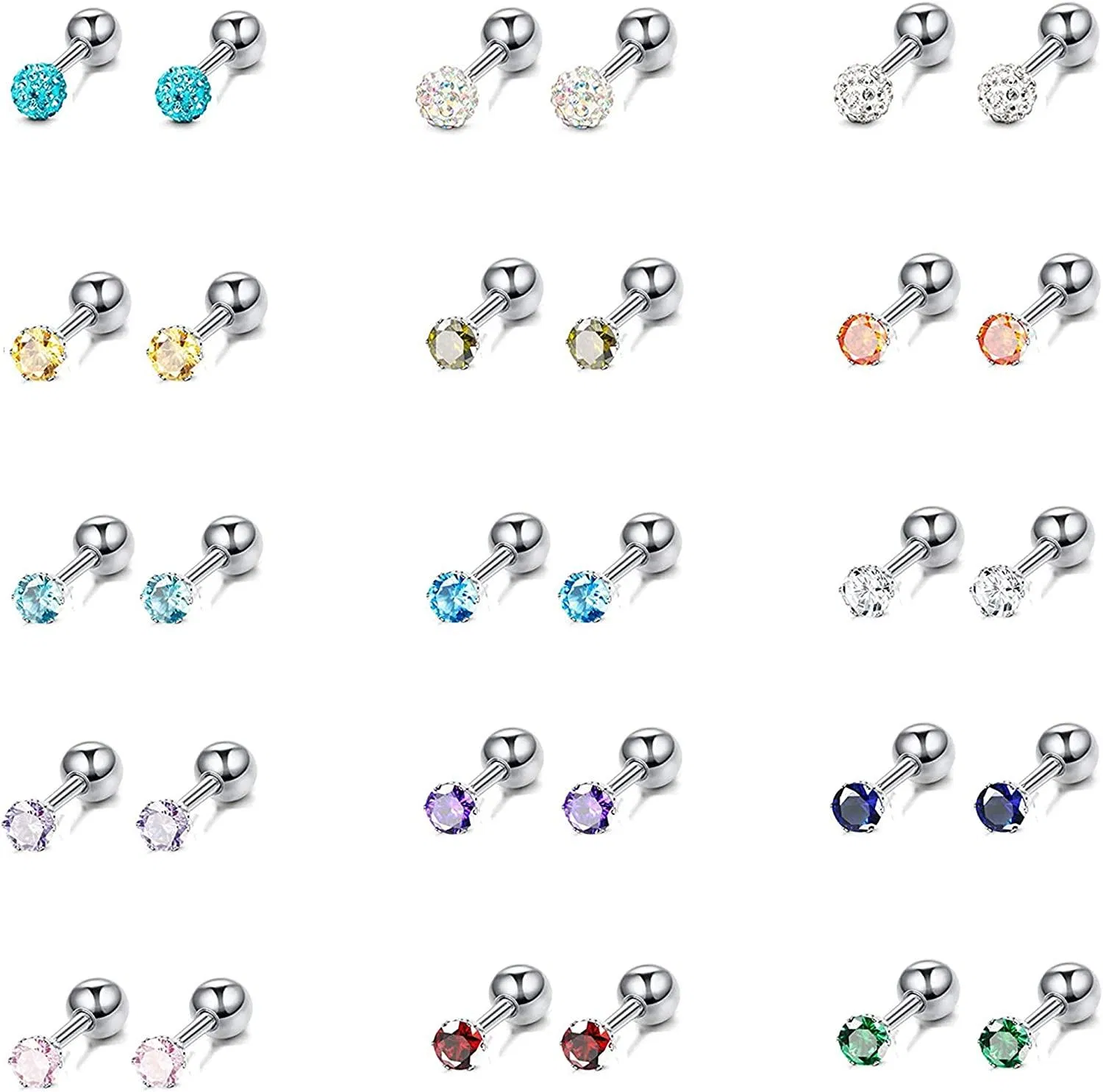 15 Paare Catilage Stud Ohrringe für Männer Frauen Geburtsstein Ohrringe Edelstahl CZ Ball Ohrringe Glänzende Multikarben Kubische Zirkonia Disco Ball Helix Knorpel Tragus Screwback Ohrringe Set