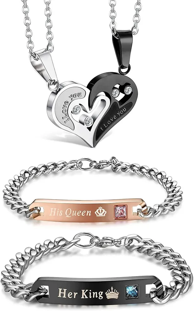 4pcs Paare Halskette Armbänder für Paare Liebe Herz Anhänger Edelstahl Halskette Freund und Freundin Paare Schmuck Geschenke für ihn und sie