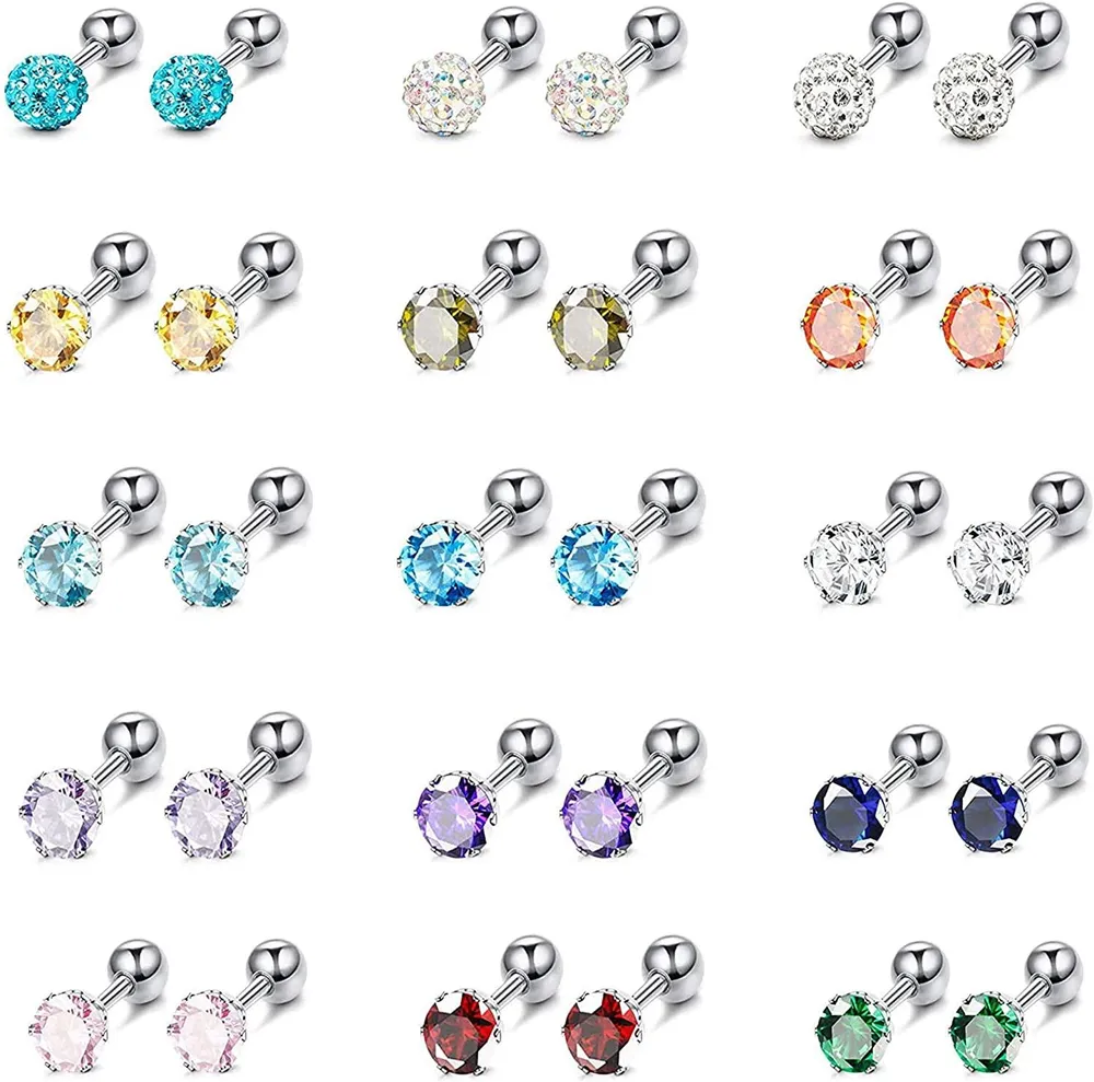 15 Paare Stud Ohrringe für Frauen Mädchen Helix Knorpel Ohrringe Edelstahl Ohrringe CZ Ball Multicolor Glanz Cubic Zirkonia Stud Ohrringe Piercing Ohr-Stows Screwback Ohrringe Set