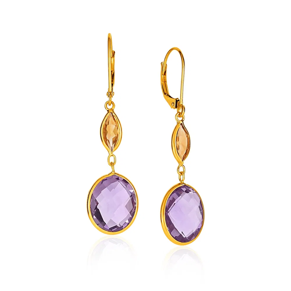 14 Karat Gelbgold Drop Ohrringe mit Citrine und Amethyst Briolettes