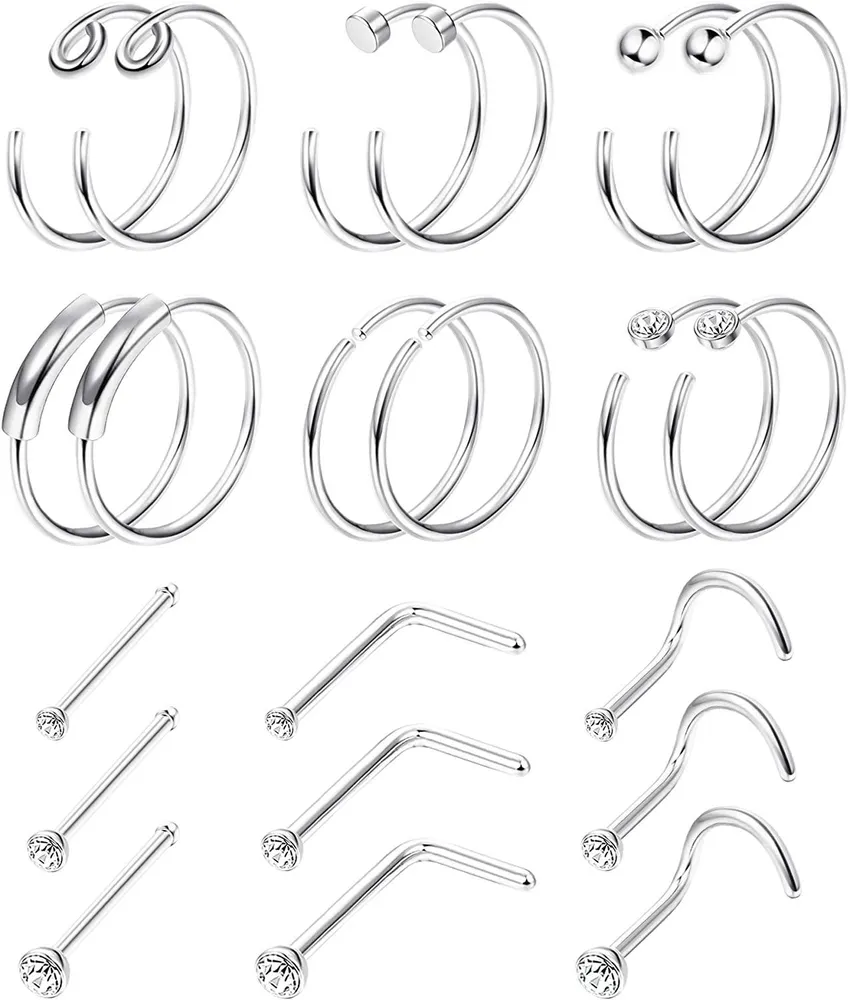 21Pcs 20G chirurgische Nasenringe für Frauen Männer Hoop L Knochenschraube geformte Nasenringe Studs dünner Knorpel Helix Tragus Ohrringe Nasenkörper Piercing 1.5mm 2mm 2.5mm CZ