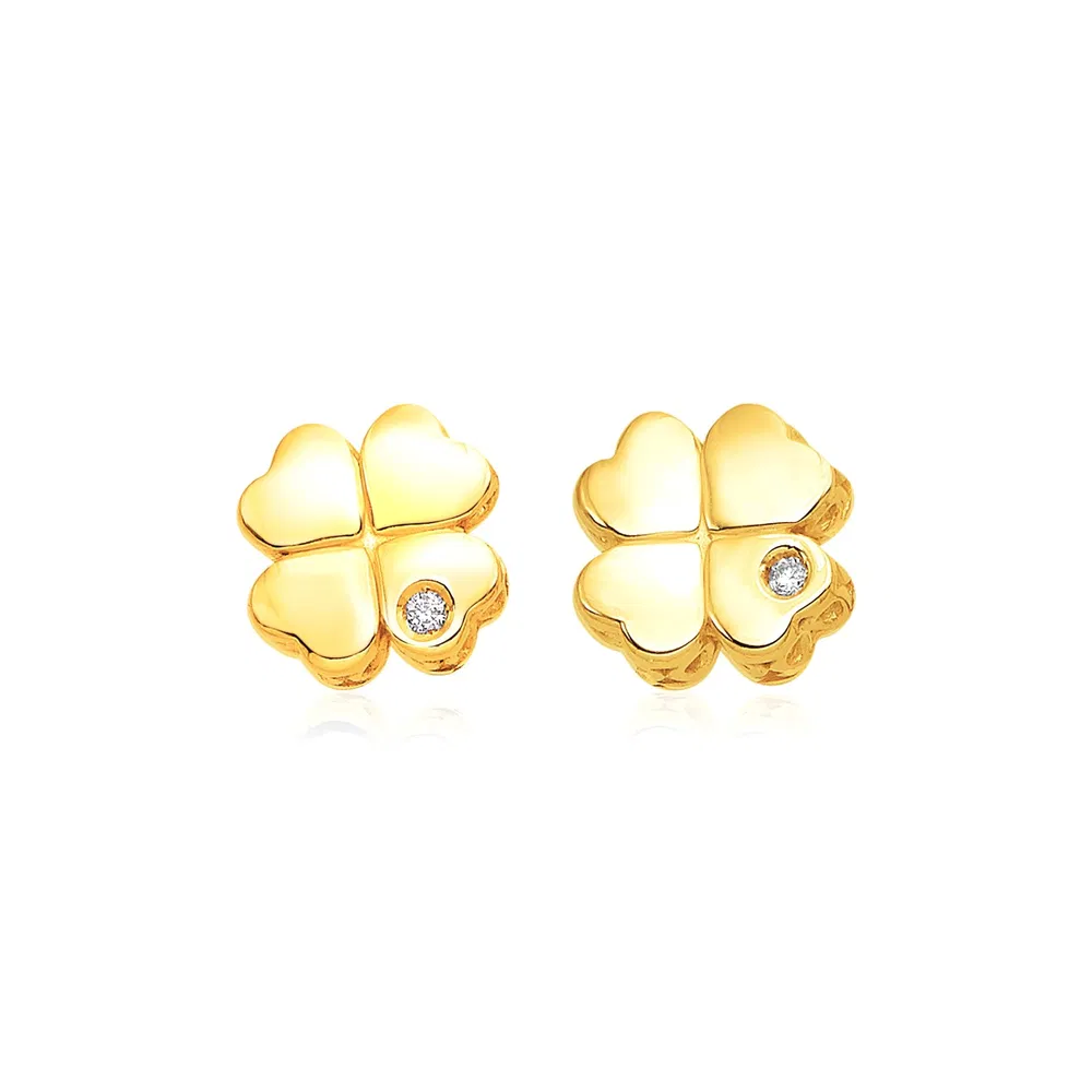 14 Karat Gelbgold poliert vier Blatt Kleekerne Ohrringe mit Diamanten (7mm)