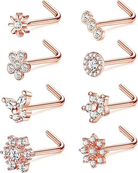 8Pcs 20G Edelstahl L-Form Nasen Studs CZ Round Butterfly Flower Nasen Ringe Daisy Schneeflocken Nasen Ringe kleine Körper Piercing für Frauen Männer