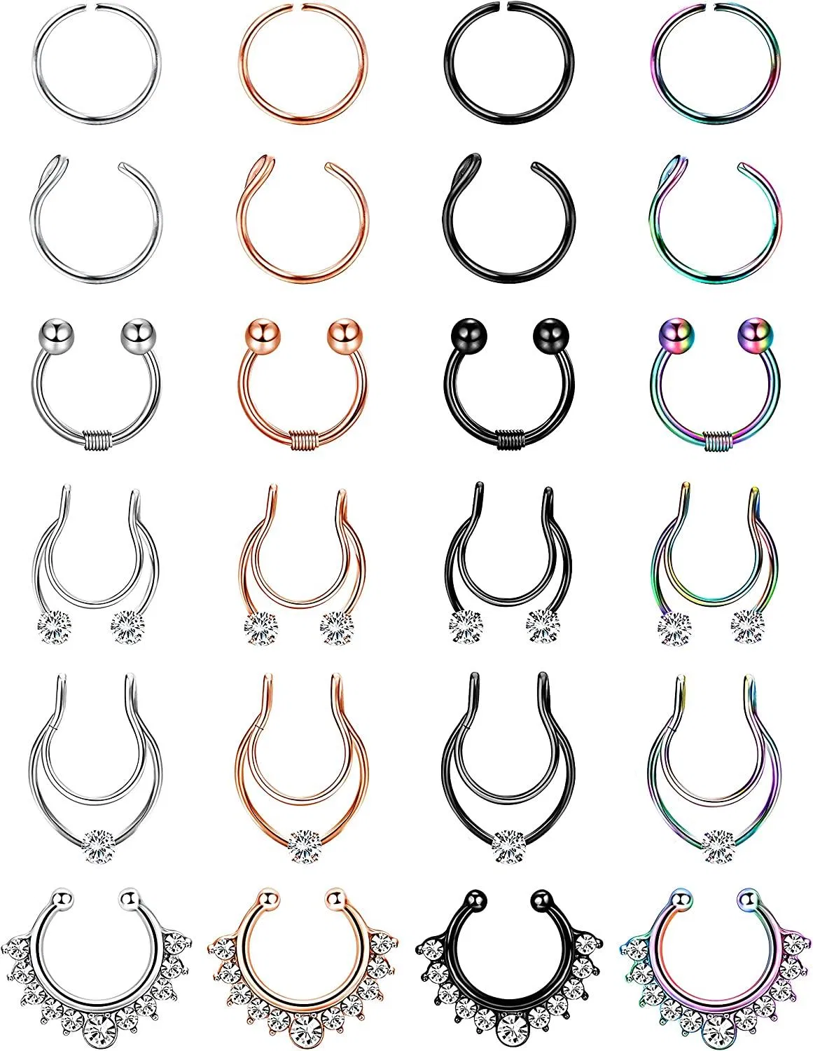 24Pcs Falsche Nase Ringe Hoop Edelstahl Faux Lippe Ohr Nasen Ringe Nicht-Pierced Clip auf Nasen Ringe für Frauen Männer Faux Nasen Ring Piercing Schmuck