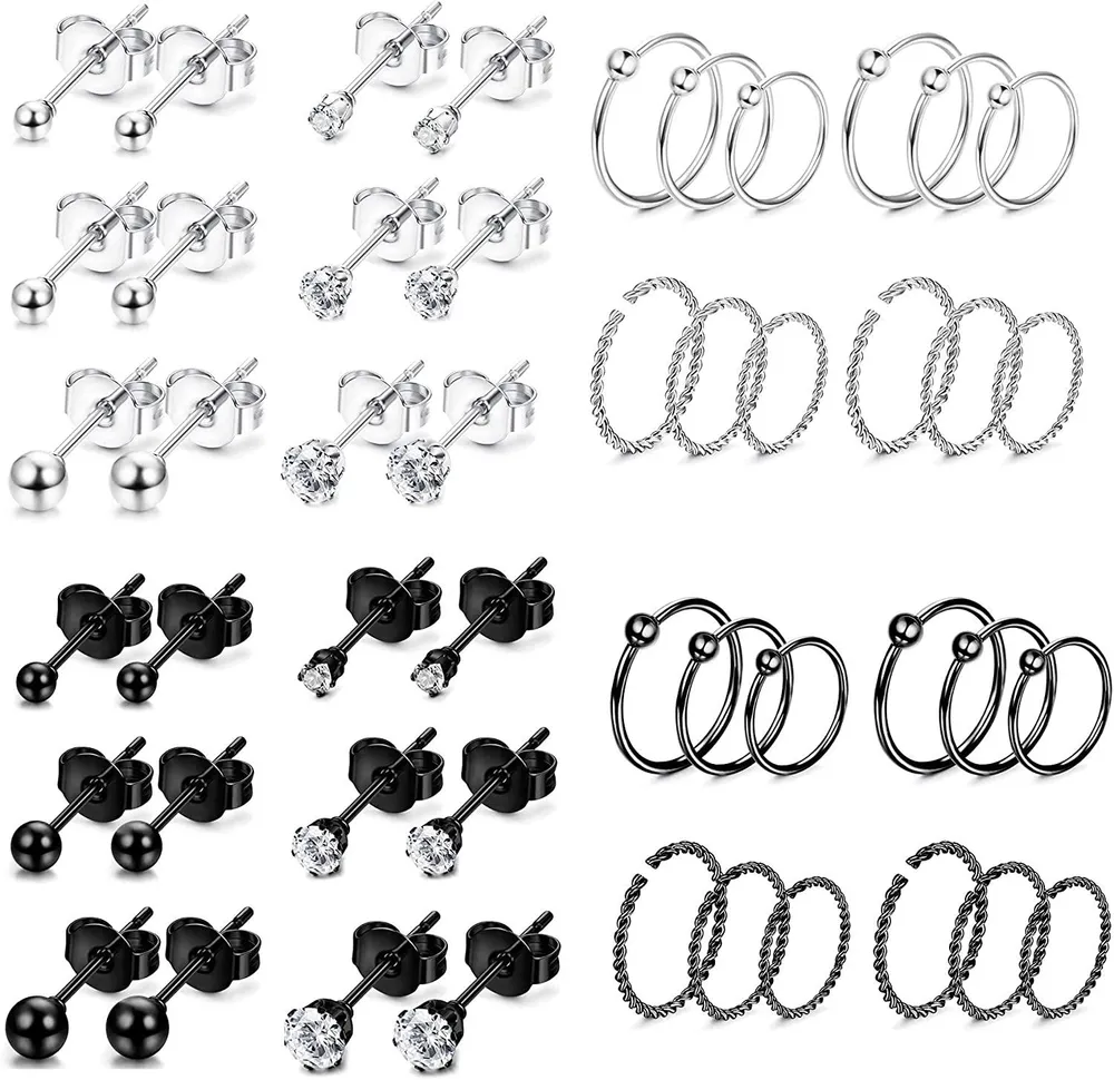 24Pairs Edelstahl Tiny Stud Ohrringe für Männer Frauen kleine Endlosen Hoop Ohrring CZ Ball Stud Ohr Tragus Helix Piercing Schmuck