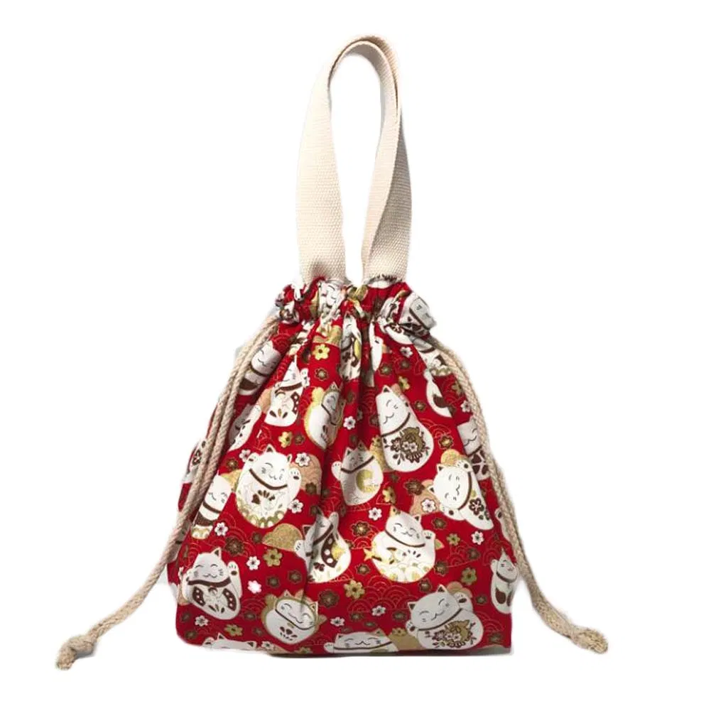 Rot japanischer Stil süße Mittagessenbox Bento Tasche Fortune Katze Drawstring Canvas Mittagessen Tasche große Kapazität Mittagessen Tote Bag