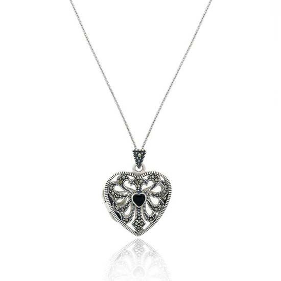 Sterling Silber Marcasite & Onyx Herz Locket Anhänger