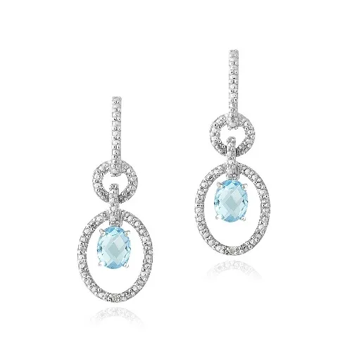 Sterling Silber 3ct Schweizer Blau Topaz & Diamant Akzent Oval & Round Dangle Ohrringe