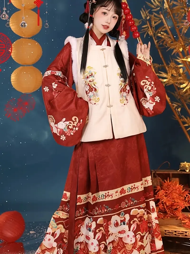 Chinesisches Neujahr Cosplay Hanfu; süße Cartoon Bunny Print Bestickte Bijia; Altes chinesisches traditionelle Kostüm; Die Ming-Dynastie Frauenkleidung