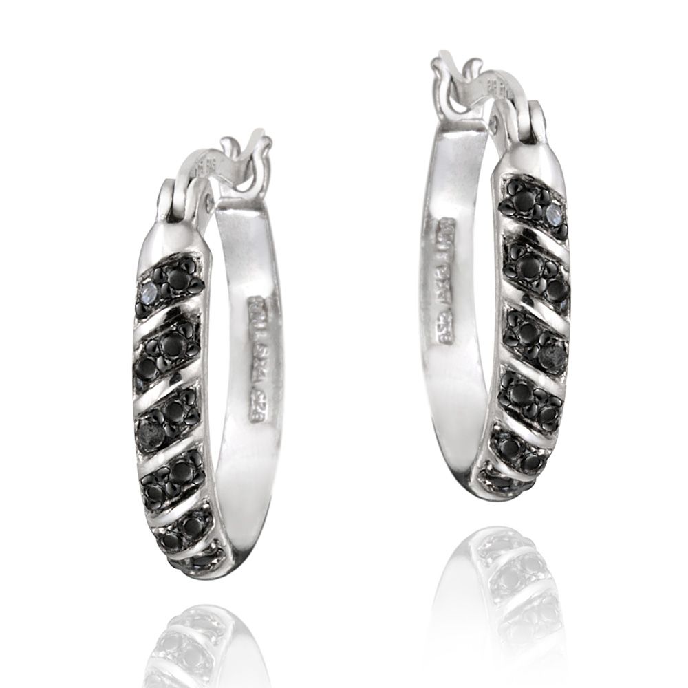 Sterling Silver Black Diamond Accent 20mm gestreifte ovale Hoop Ohrringe
