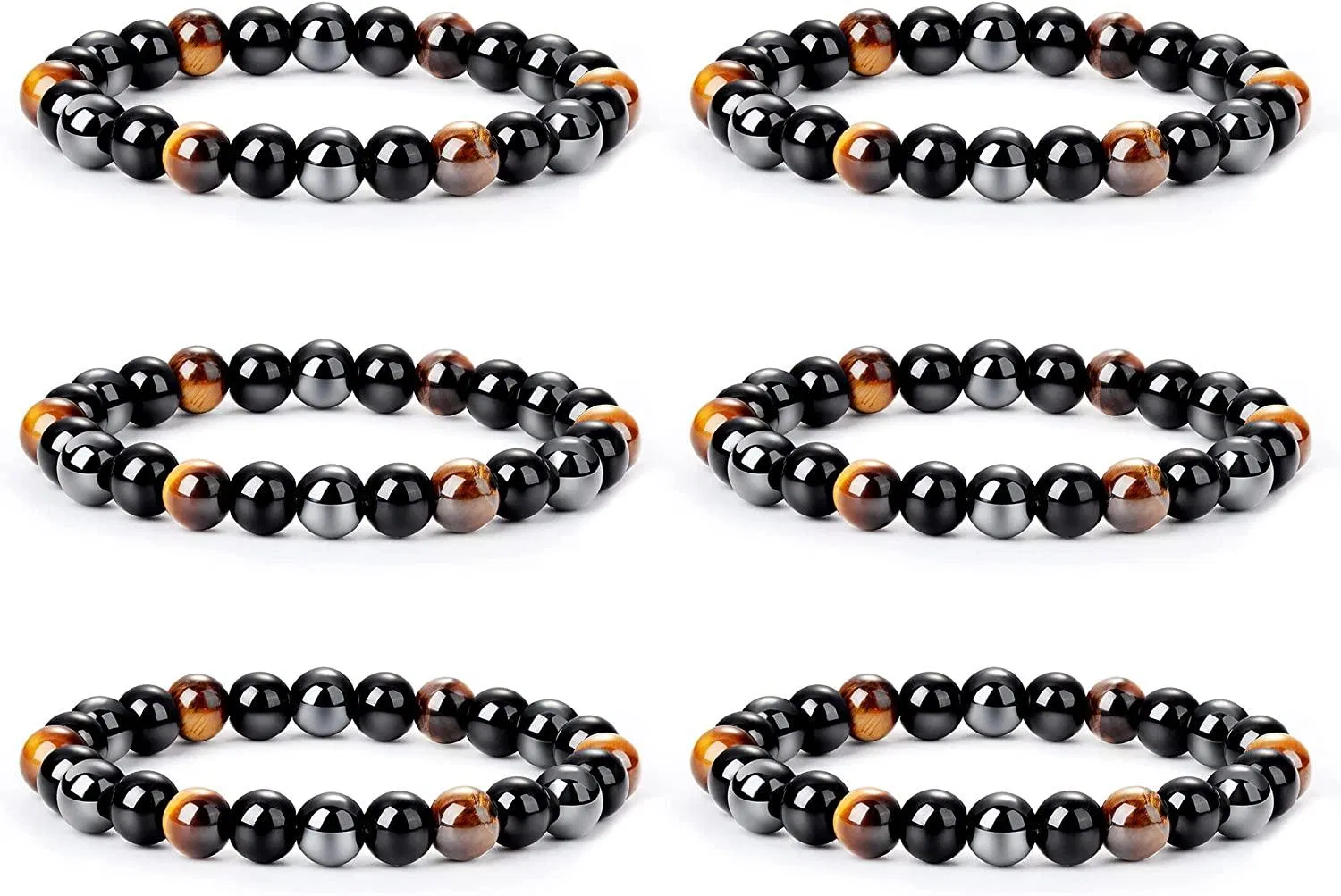 6 Stück 8MM Tiger Eye Beads Armbänder; Naturstein Armband; Dreifach Schutz Armband Set für Frauen Männer
