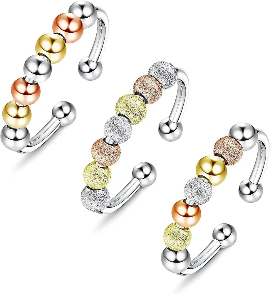 Angstring für Frauen Männer 18K Goldplated Spinner Ring für Stress Linderung Fidget Ring mit Perlen Dainty Cute Trendy Austauschbare Stackable Ringe Set Größe 7