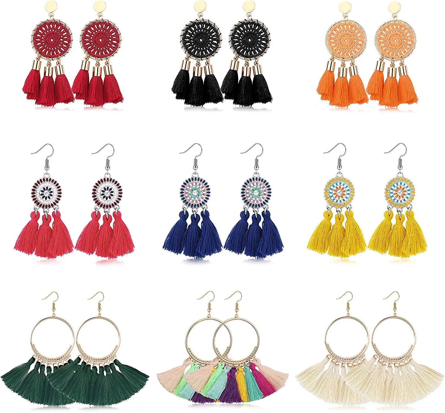 9 Paare Tassel Hoop Ohrringe Bohemia Fan Shape Drop Ohrringe Dangle Hook Ohrtropfen für Frauen Mädchen Party Bohemia Kleid Accessoire