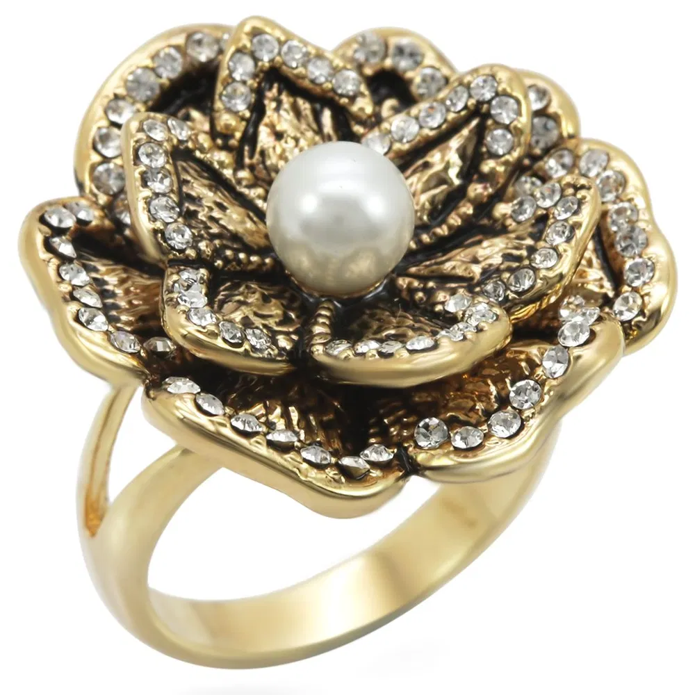 1W063 - Gold-Messing - Ring mit synthetischer Perle in Citrine Gelb
