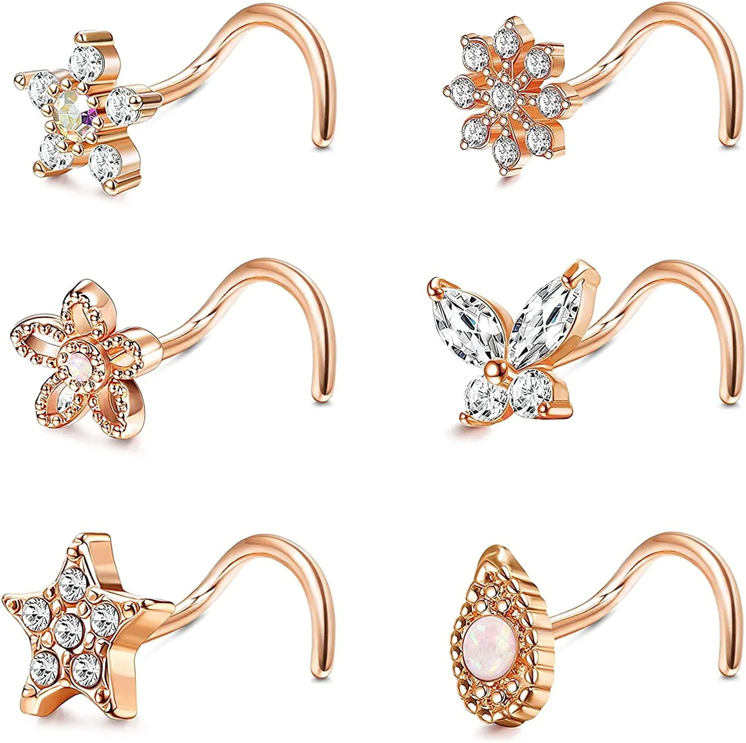 6 PCS 20G Edelstahl-Nase Ring Stud L-Form - Nasenringe Kubische Zirkonia Schmetterlings-Nase - Schrauben Ringe Blumen-Nase - Piercing-Ring