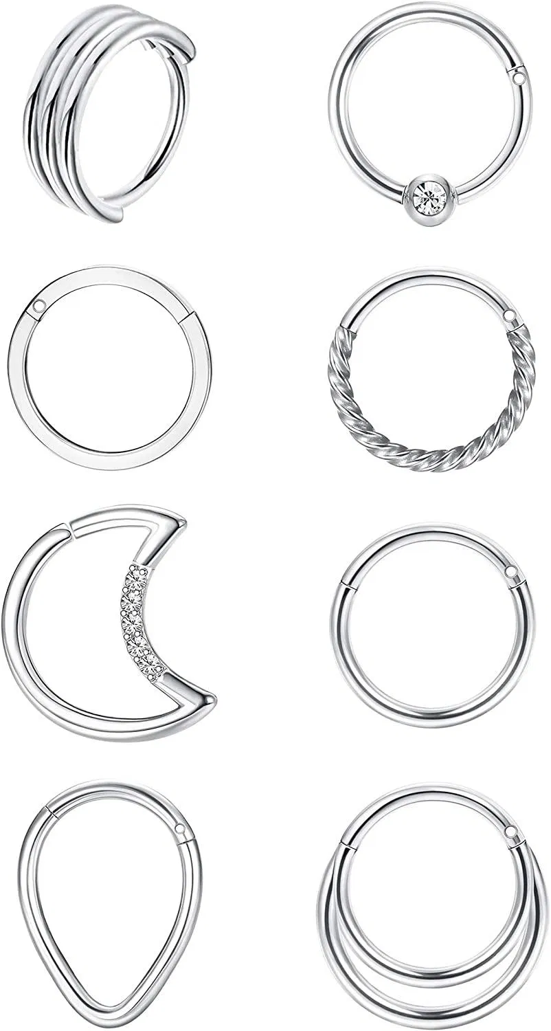 8 Stück 16G Edelstahl Septum Nasen Ringe Knorpel Ohrringe Hoop CZ Hinge Clicker Ringe Helix Daith Conch Tragus Nasen Piercing für Frauen